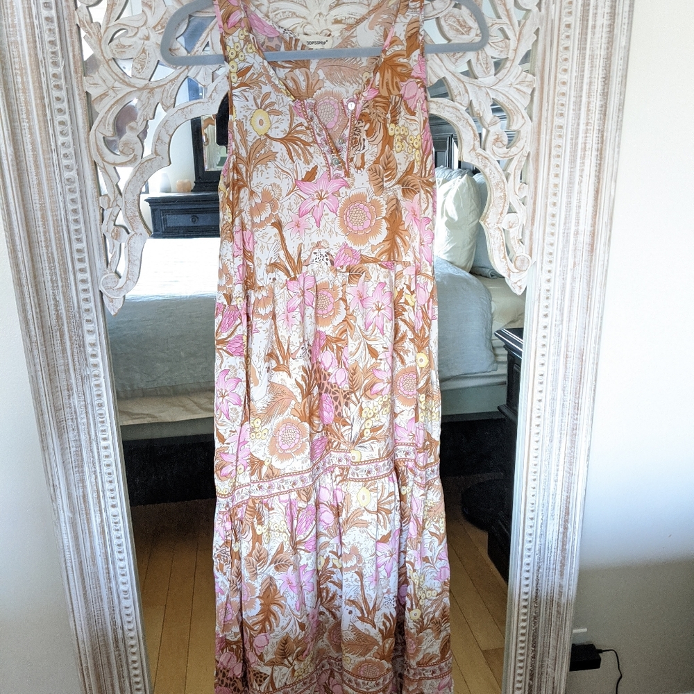 Topshop Floral Maxi Dress in Pink and Tan